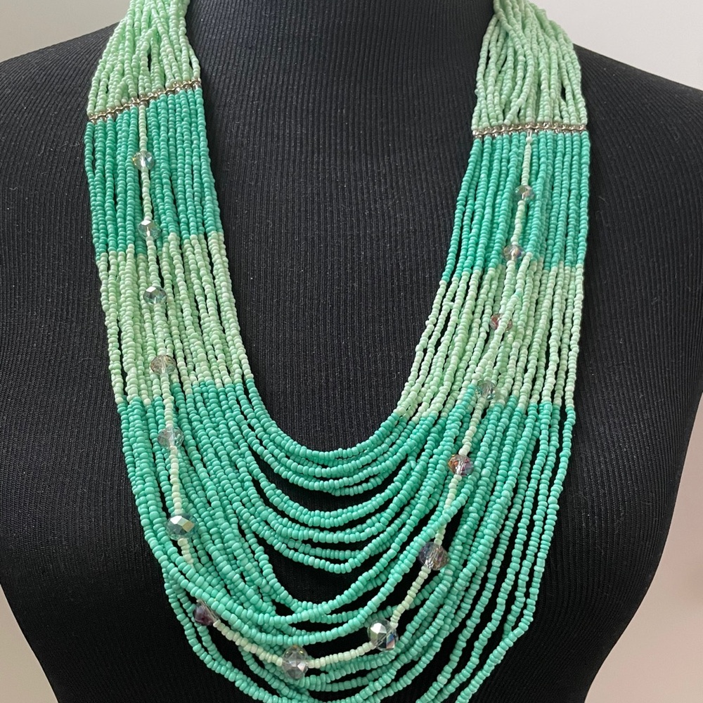 Blue seed bead strand necklace